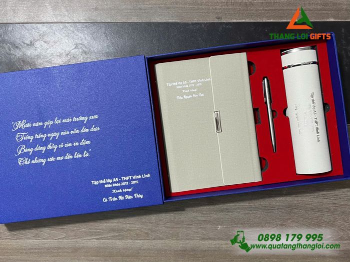Combo Quà Tặng (Sổ+ Bình+ Bút) Màu Trắng Kem - In Khắc Nội Dung Tri Ân Trường THPT Vĩnh Linh