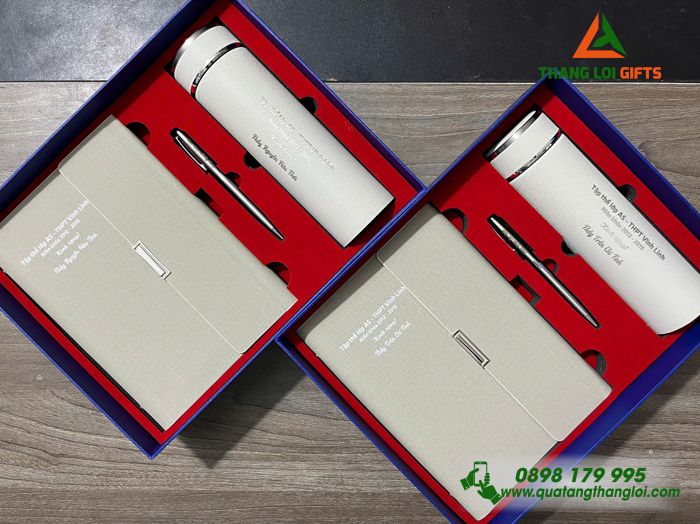 Combo Quà Tặng (Sổ+ Bình+ Bút) Màu Trắng Kem - In Khắc Nội Dung Tri Ân Trường THPT Vĩnh Linh