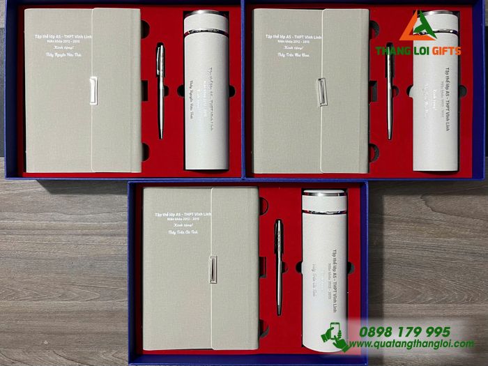 Combo Quà Tặng (Sổ+ Bình+ Bút) Màu Trắng Kem - In Khắc Nội Dung Tri Ân Trường THPT Vĩnh Linh