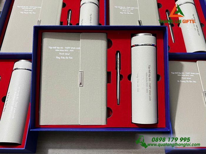 Combo Quà Tặng (Sổ+ Bình+ Bút) Màu Trắng Kem - In Khắc Nội Dung Tri Ân Trường THPT Vĩnh Linh