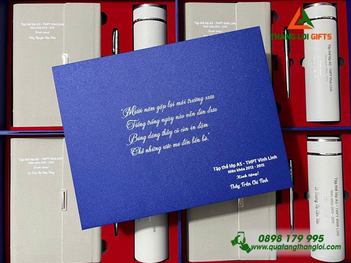 Combo Quà Tặng (Sổ+ Bình+ Bút) Màu Trắng Kem - In Khắc Nội Dung Tri Ân Trường THPT Vĩnh Linh