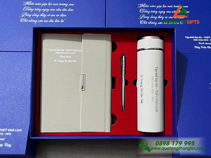 Combo Quà Tặng (Sổ+ Bình+ Bút) Màu Trắng Kem - In Khắc Nội Dung Tri Ân Trường THPT Vĩnh Linh