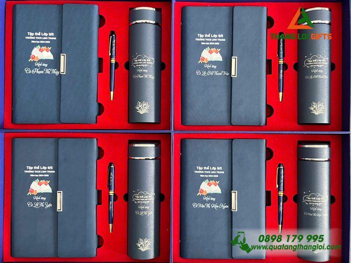 Set Quà Tặng (Sổ+ Bình+ Bút) Màu Xanh - In Khắc Tên Trường THCS Linh Trung