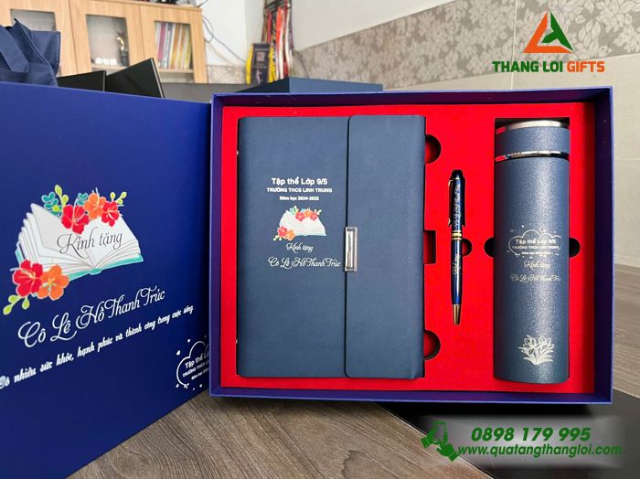 Set Quà Tặng (Sổ+ Bình+ Bút) Màu Xanh - In Khắc Tên Trường THCS Linh Trung