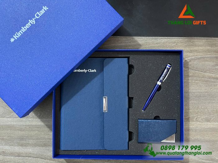 Set Quà Tặng (Sổ+ Hộp Namecard+ Bút) Màu Xanh - In Khắc Logo Doanh Nghiệp Kimberly Clark