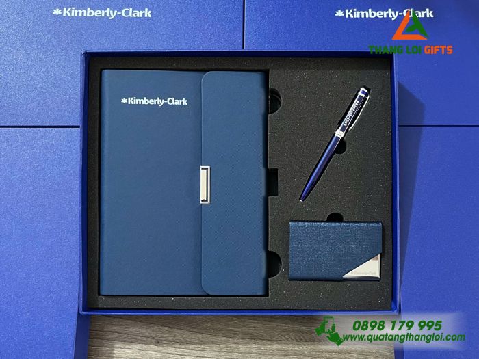 Set Quà Tặng (Sổ+ Hộp Namecard+ Bút) Màu Xanh - In Khắc Logo Doanh Nghiệp Kimberly Clark