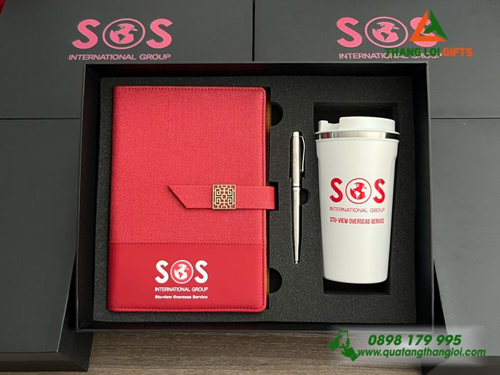 Giftset Bộ Quà Tặng (Sổ+ Ly+ Bút) - In Khắc Logo Doanh Nghiệp SOS International Group