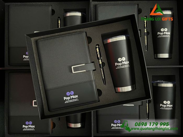 Bộ Quà Tặng (Sổ+ Ly+ Bút) Màu Đen - In Khắc Logo Pop Max