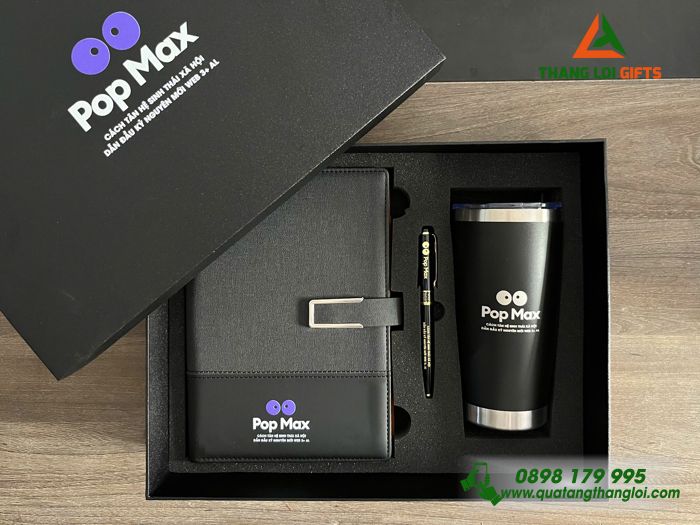 Bộ Quà Tặng (Sổ+ Ly+ Bút) Màu Đen - In Khắc Logo Pop Max