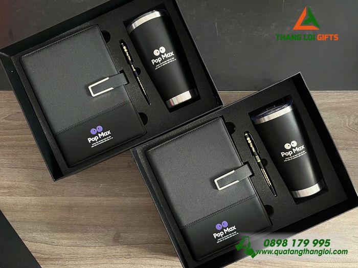 Bộ Quà Tặng (Sổ+ Ly+ Bút) Màu Đen - In Khắc Logo Pop Max