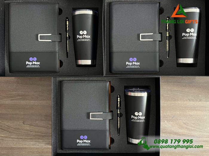 Bộ Quà Tặng (Sổ+ Ly+ Bút) Màu Đen - In Khắc Logo Pop Max