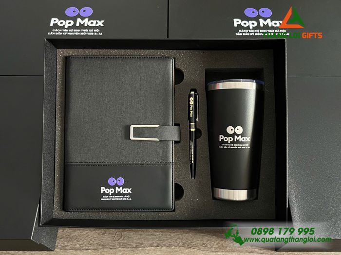 Bộ Quà Tặng (Sổ+ Ly+ Bút) Màu Đen - In Khắc Logo Pop Max