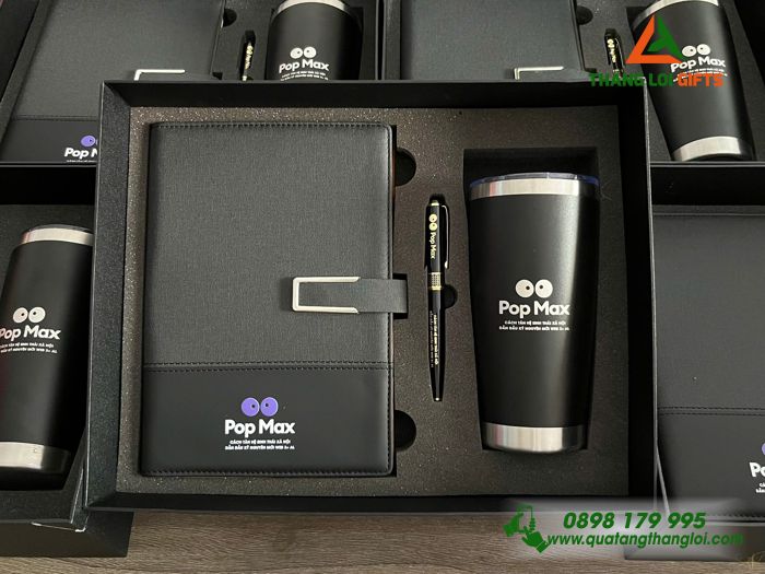 Bộ Quà Tặng (Sổ+ Ly+ Bút) Màu Đen - In Khắc Logo Pop Max