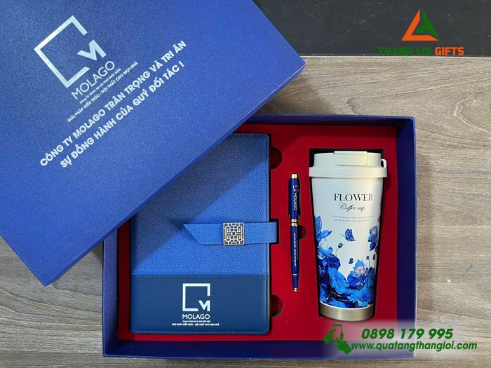 Set Quà Tặng (Sổ+ Ly+ Bút) Màu Xanh - In Khắc Logo Doanh Nghiệp MOLAGO