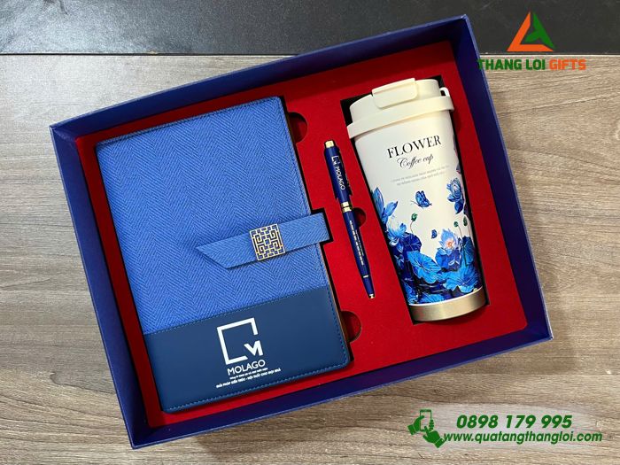 Set Quà Tặng (Sổ+ Ly+ Bút) Màu Xanh - In Khắc Logo Doanh Nghiệp MOLAGO