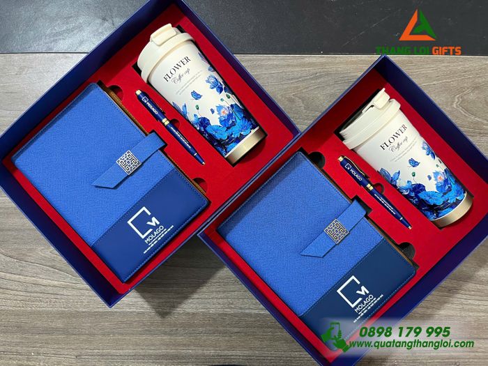 Set Quà Tặng (Sổ+ Ly+ Bút) Màu Xanh - In Khắc Logo Doanh Nghiệp MOLAGO