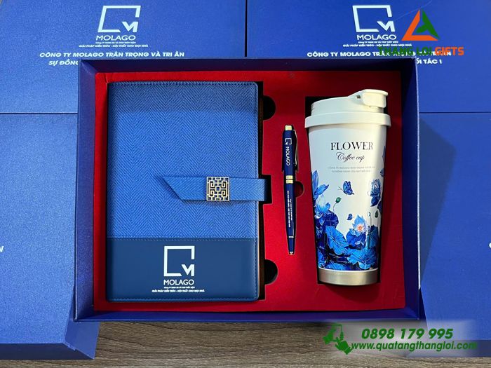 Set Quà Tặng (Sổ+ Ly+ Bút) Màu Xanh - In Khắc Logo Doanh Nghiệp MOLAGO