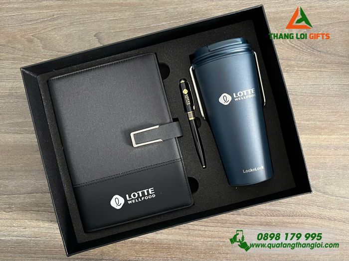 Set Quà Tặng Cao Cấp (Sổ+ Ly Lock&Lock+ Bút) - In Khắc Logo LOTTE WellFood