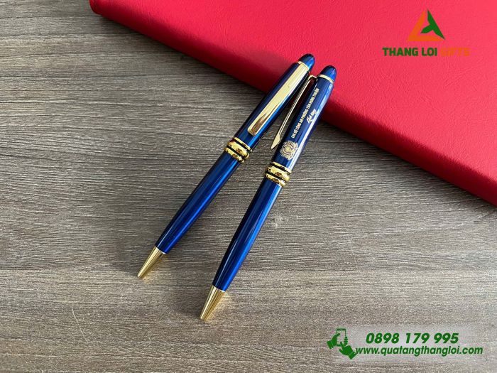 Bút Ký Kim Loại Xoay Màu Xanh Khoen Vàng - Khắc Logo Chi Bộ Công An Phường Tân Hưng Thuận