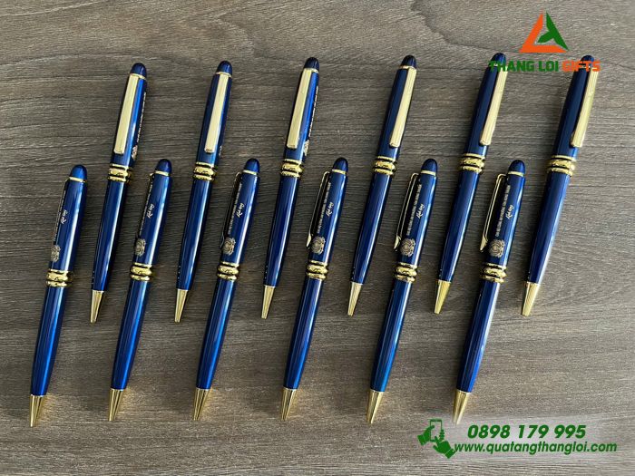 Bút Ký Kim Loại Xoay Màu Xanh Khoen Vàng - Khắc Logo Chi Bộ Công An Phường Tân Hưng Thuận