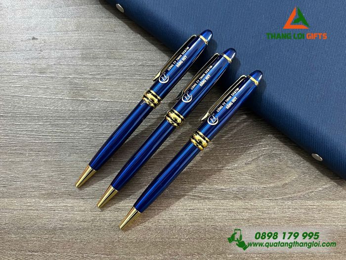 Bút Ký Kim Loại Xoay Màu Xanh Khoen Vàng - Khắc Logo Doanh Nghiệp Hằng Huy