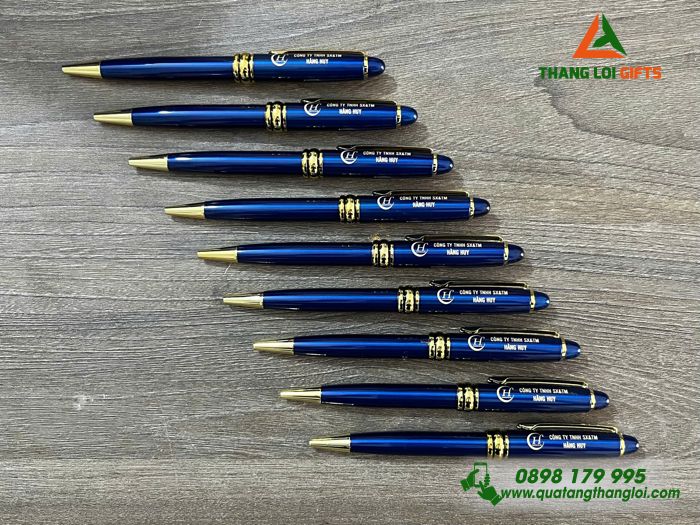 Bút Ký Kim Loại Xoay Màu Xanh Khoen Vàng - Khắc Logo Doanh Nghiệp Hằng Huy