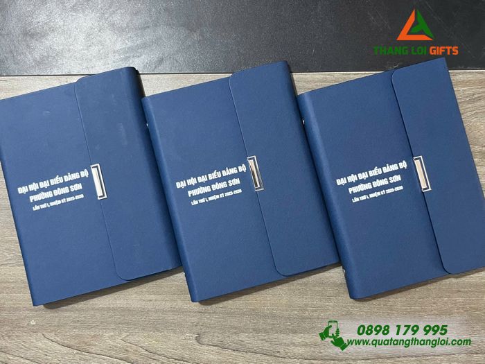Sổ Tay Bìa Còng Gập 3 Màu Xanh - In Tên Đại Hội Đảng Bộ Phường Đồng Sơn