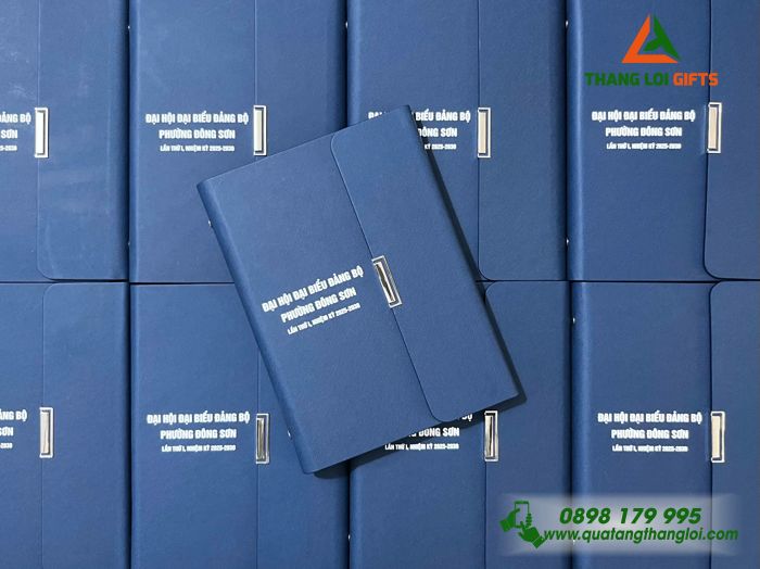 Sổ Tay Bìa Còng Gập 3 Màu Xanh - In Tên Đại Hội Đảng Bộ Phường Đồng Sơn