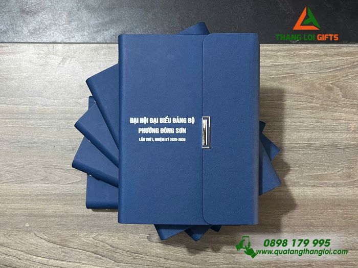 Sổ Tay Bìa Còng Gập 3 Màu Xanh - In Tên Đại Hội Đảng Bộ Phường Đồng Sơn
