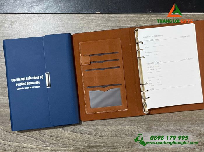 Sổ Tay Bìa Còng Gập 3 Màu Xanh - In Tên Đại Hội Đảng Bộ Phường Đồng Sơn