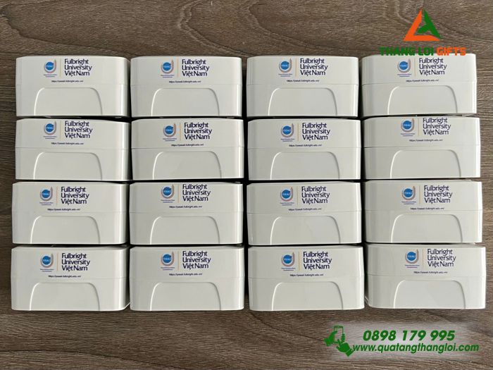 Adapter Du Lịch Màu Trắng - In Logo Trường Đại Học Fulbright Việt Nam