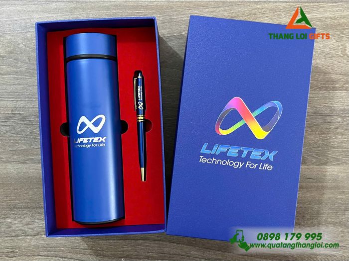 Combo Quà Tặng (Bình Giữ Nhiệt & Bút Ký) Màu Xanh - In Khắc Logo Doanh Nghiệp LIFETEX 