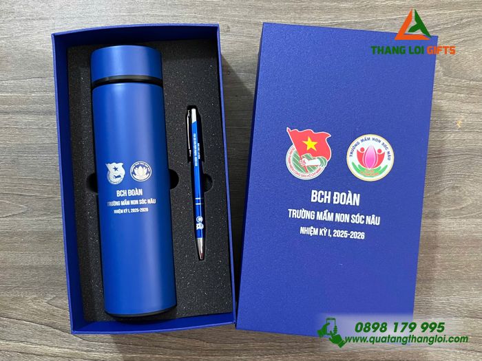 Set Quà Tặng (Bình Giữ Nhiệt & Bút Bi) Màu Xanh - In Khắc Logo Đoàn Trường Mầm Non Sóc Nâu