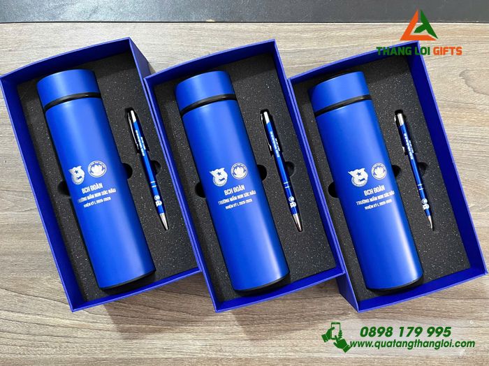 Set Quà Tặng (Bình Giữ Nhiệt & Bút Bi) Màu Xanh - In Khắc Logo Đoàn Trường Mầm Non Sóc Nâu