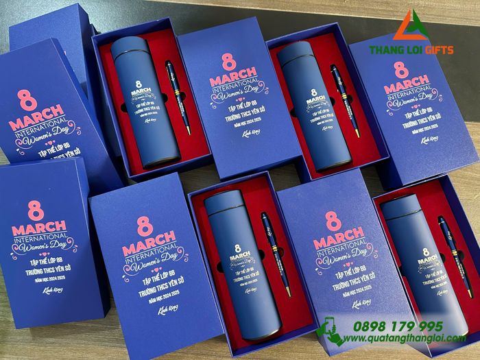 Combo Quà Tặng (Bình Giữ Nhiệt & Bút Ký) Màu Xanh - In Khắc Tên Trường THCS Yên Sở