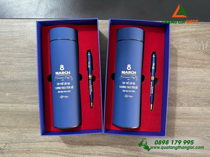 Combo Quà Tặng (Bình Giữ Nhiệt & Bút Ký) Màu Xanh - In Khắc Tên Trường THCS Yên Sở
