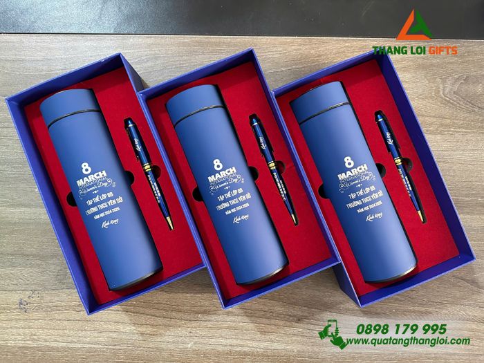 Combo Quà Tặng (Bình Giữ Nhiệt & Bút Ký) Màu Xanh - In Khắc Tên Trường THCS Yên Sở