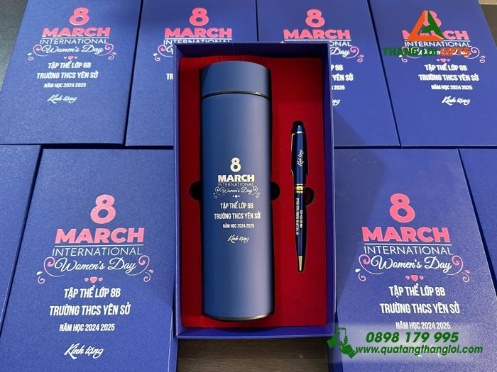 Combo Quà Tặng (Bình Giữ Nhiệt & Bút Ký) Màu Xanh - In Khắc Tên Trường THCS Yên Sở