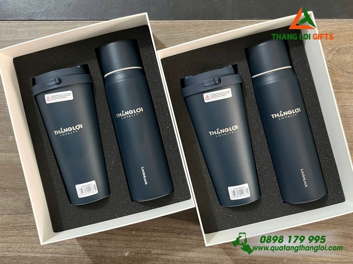 Bộ Quà Tặng (Bình Lock & Ly Lock) Màu Xanh - In Khắc Logo Doanh Nghiệp Thắng Lợi Loyalty