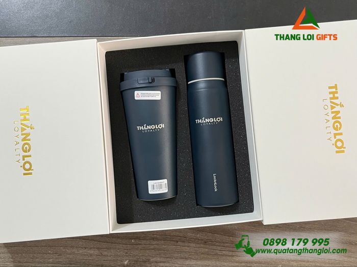 Bộ Quà Tặng (Bình Lock & Ly Lock) Màu Xanh - In Khắc Logo Doanh Nghiệp Thắng Lợi Loyalty