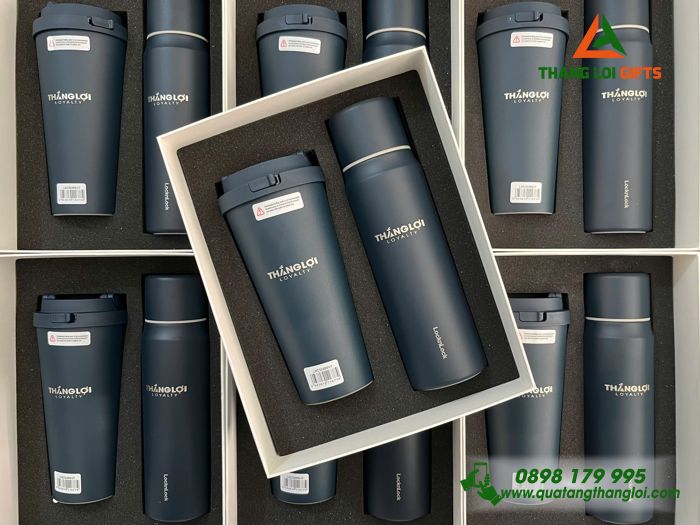 Bộ Quà Tặng (Bình Lock & Ly Lock) Màu Xanh - In Khắc Logo Doanh Nghiệp Thắng Lợi Loyalty