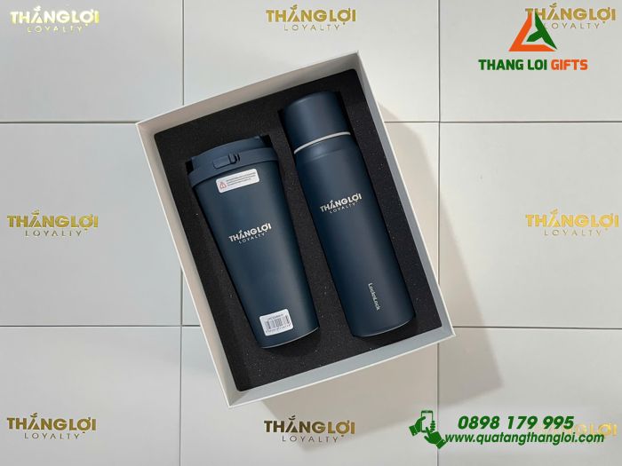 Bộ Quà Tặng (Bình Lock & Ly Lock) Màu Xanh - In Khắc Logo Doanh Nghiệp Thắng Lợi Loyalty