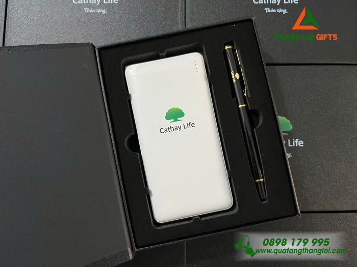 Bộ Quà Tặng (Pin Sạc Dự Phòng & Bút Ký) - In Khắc Logo Doanh Nghiệp Cathay Life