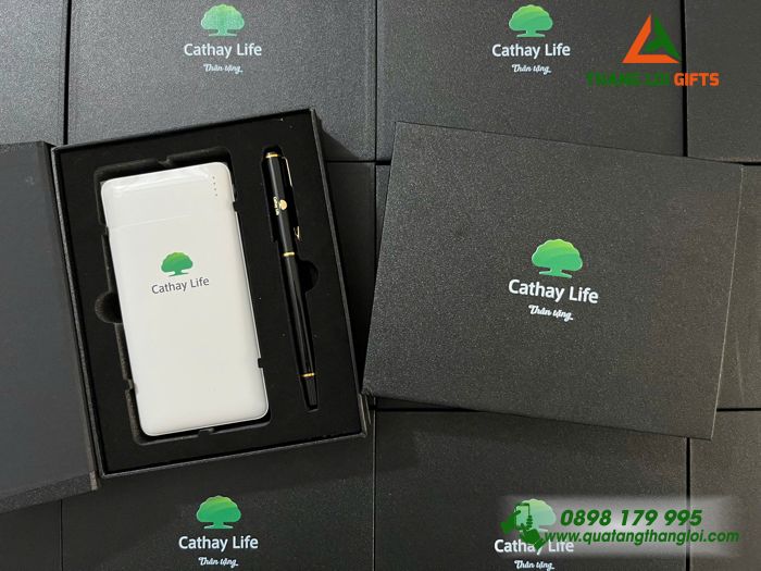 Bộ Quà Tặng (Pin Sạc Dự Phòng & Bút Ký) - In Khắc Logo Doanh Nghiệp Cathay Life