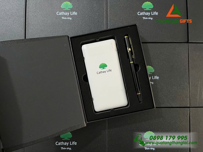 Bộ Quà Tặng (Pin Sạc Dự Phòng & Bút Ký) - In Khắc Logo Doanh Nghiệp Cathay Life