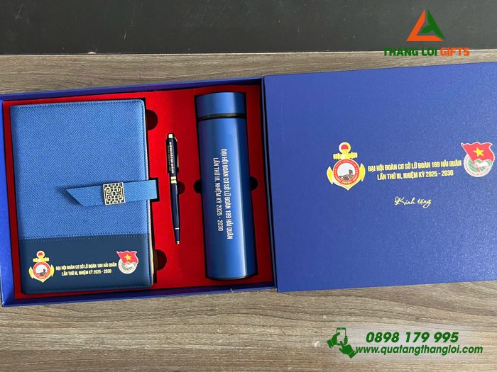 Bộ Quà Tặng (Sổ+ Bình+ Bút) Màu Xanh - In Logo Đoàn Cơ Sở Lữ Đoàn 189 Hải Quân
