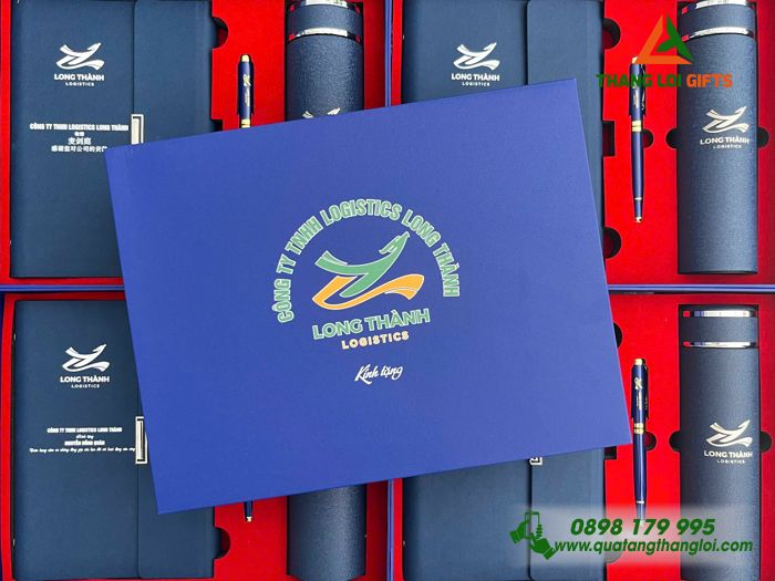 Giftset Bộ Quà Tặng (Sổ+ Bình+ Bút) Màu Xanh - In Khắc Logo Doanh Nghiệp Logistecs Long Thành