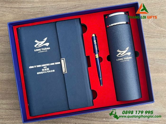 Giftset Bộ Quà Tặng (Sổ+ Bình+ Bút) Màu Xanh - In Khắc Logo Doanh Nghiệp Logistecs Long Thành