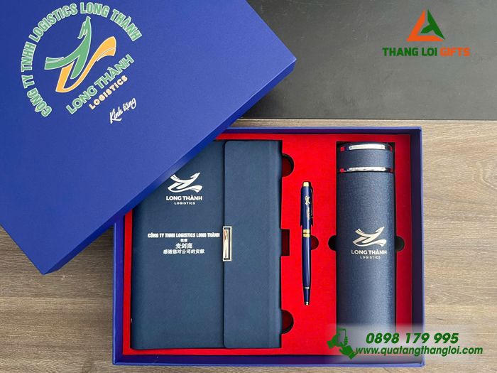 Giftset Bộ Quà Tặng (Sổ+ Bình+ Bút) Màu Xanh - In Khắc Logo Doanh Nghiệp Logistecs Long Thành