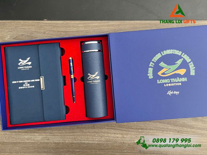Giftset Bộ Quà Tặng (Sổ+ Bình+ Bút) Màu Xanh - In Khắc Logo Doanh Nghiệp Logistecs Long Thành